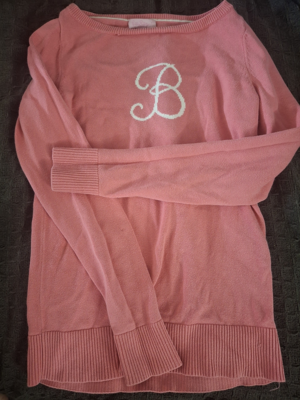 Lee Pink Scoop Neck Sweater with White Monogram B